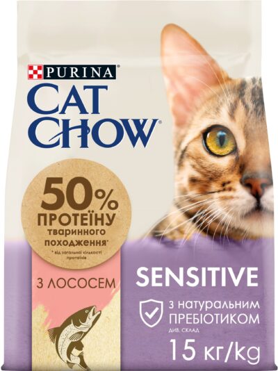 З лососем для котів з чутливою шкірою ・ 15кг ・ Сухий корм Cat Chow Sensitive ・ EAN 7613035394902