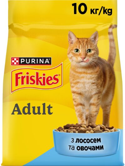 З лососем та овочами для дорослих котів ・ 10кг ・ Сухий корм Purina Friskies ・ EAN 5997204515469