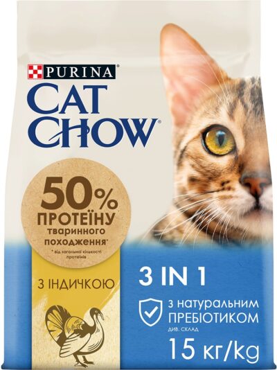 З індичкою потрійна формула для дорослих котів ・ 15кг ・ Сухий корм Cat Chow Feline 3-in-1 ・ EAN 7613034153746