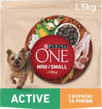 З куркою та рисом для активних собак дрібних порід ・ 1.5кг ・ Сухий корм Purina One Mini Active ・ EAN 8445290348265